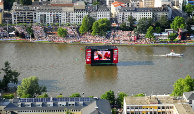 A big screen TV in a river in Frankfurt, Germany for the World Cup