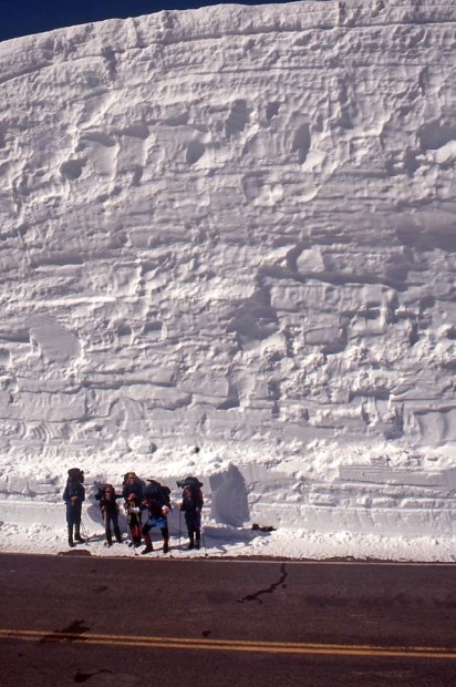 Mt. Lassen, hippy telemarkers, and a ridiculous snowbank on June 1st, 1995.  photo:  Eric Knapp