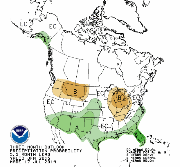 NOAA's precipitation forecast for November, December, and January 2014/15 showing above average precipitation in the southern part of the USA and below average precipitation in the Pacific Northwest.