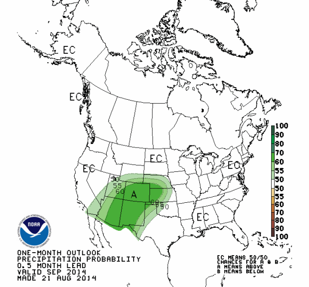 NOAA's September 2014 precipitation forecast showing above average precipitation in the Southwest as well as Utah and Colorado.