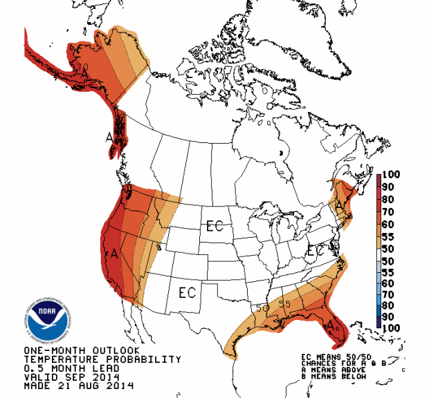 NOAA's September 2014 temperature forecast showing above average temperatures in all of Alaska, the entire West Coast, the Southwest and Maine.