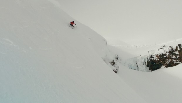 Patroller skiing Clay's Leap. It's pretty dam steep