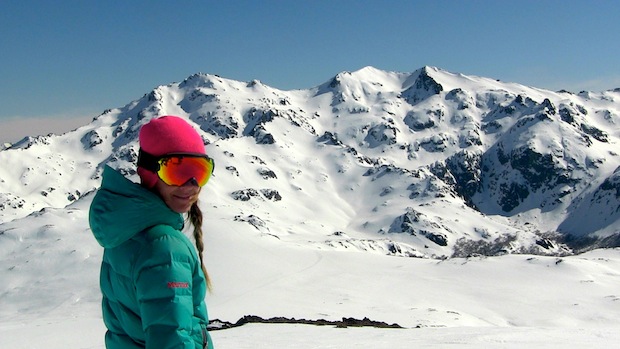 Mari and the big terrain of Baguales.  The zone in the middle was our first ski zone of the day.