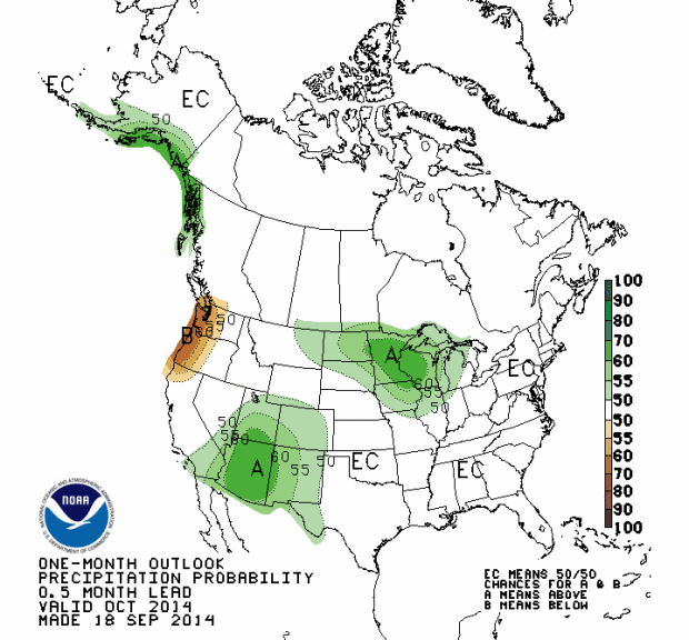 NOAA's precipitation forecast for October in the USA showing above average precipitation in the Southwest, Utah, Colorado as well as the North Central region of the USA.  Below average precipitation is forecast in the Pacific Northwest.