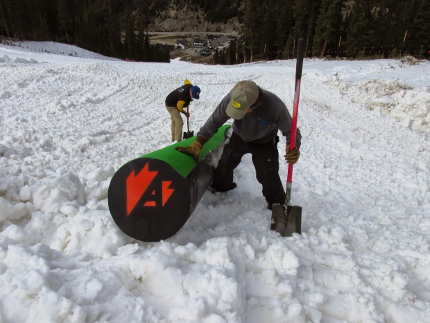 Terrain features being set up for opening day today at A-Basin.
