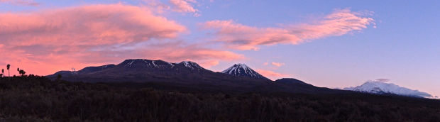 Sunset shot of Mt Tongariro, Mt Ngauruhoe and Mt Ruapehu