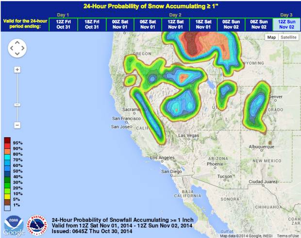 Snowfall probability in Californai thru Nov. 1st, 2014!