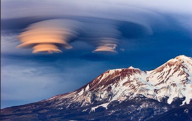 Lenticular clouds over Mt. Shasta, CA.