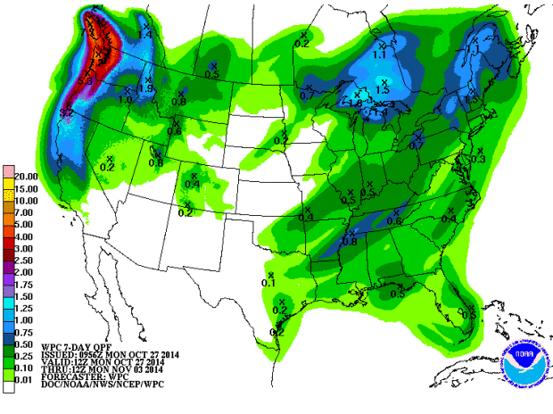 7 Day liquid precipitation forecast for the USA showing Tahoe getting some.