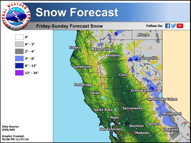 Snow Forecast map for the Sierra Nevada this weekend.