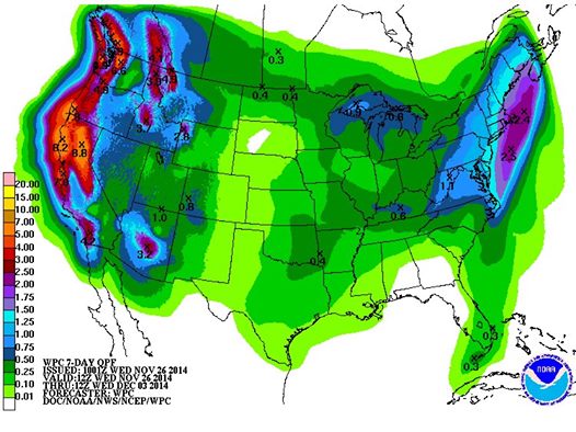7-Day total liquid precip map showing big numbers in NorCal
