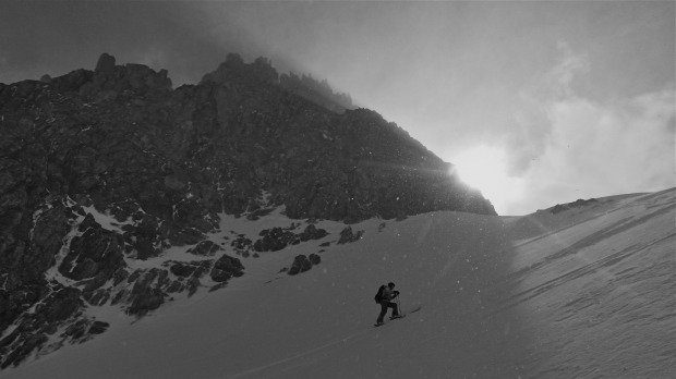 Mark skinning up at sundown during a brief weather window.