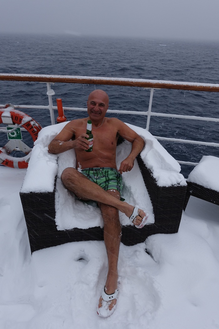 Mamood getting comfy on a snow day onboard the Sea Adventurer.