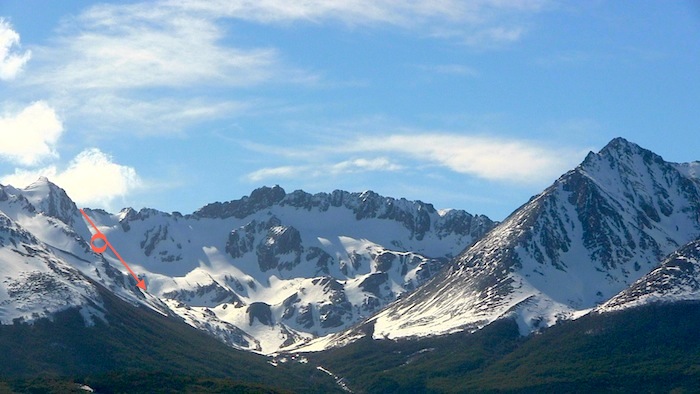The Martial Glacier zone of Ushuaia, Argentina. Red arrow = line skied. Red circle = where rock hit me.
