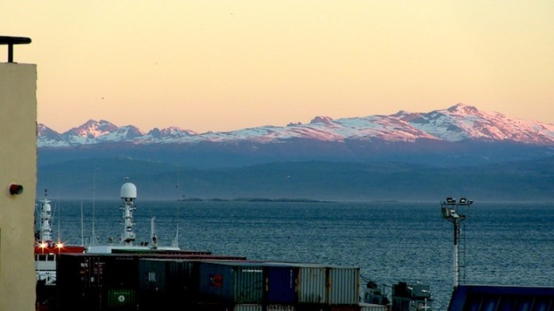 Beagle Channel and Chilean Peaks from Ushuaia, Argentina.