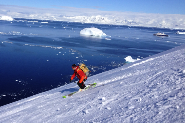 Charles tearing up the lower slopes of Mt. Victoria, Brabant Isle, Antarctica. photo: snowbrains.com