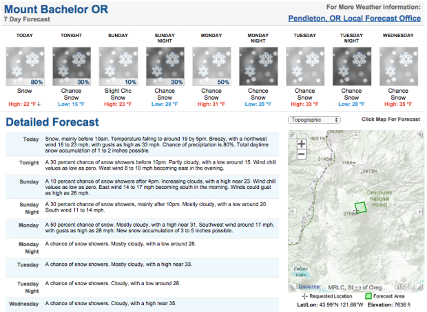 Nothing but snow in 7 day forecast for Mt. Bachelor, OR