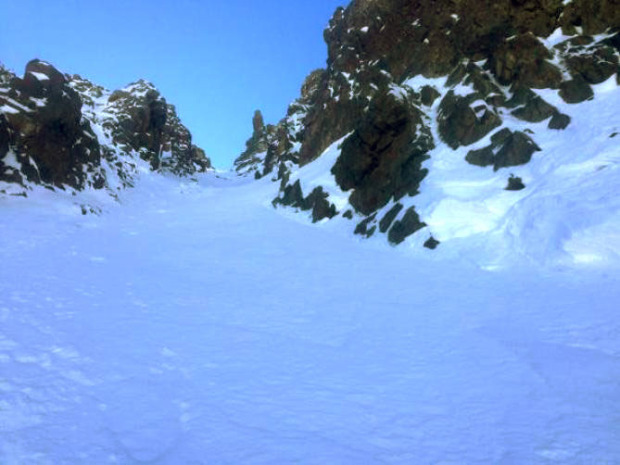 Looking up the chute where the skiers triggered the avalanche