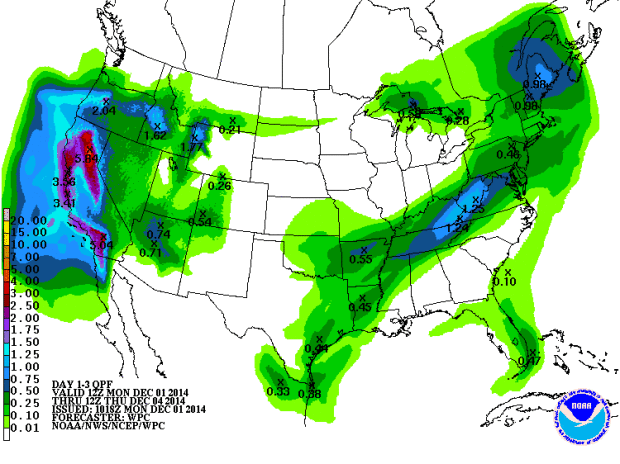 3 Day liquid precipitation map showing NorCal about to get slammed.