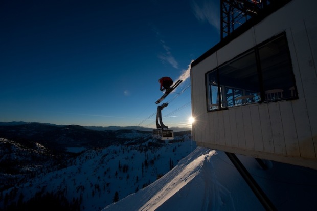 When hucking off the tram building at Squaw, you wanna make sure you're bindings don't eject on landing.  photo:  Hand de Vre