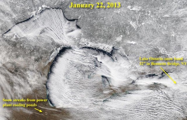 Great satellite image showing a solid example of lake effect snow off the Great Lakes, USA.