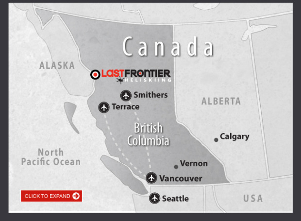 Last Frontier Heliskiing's location in British Columbia.