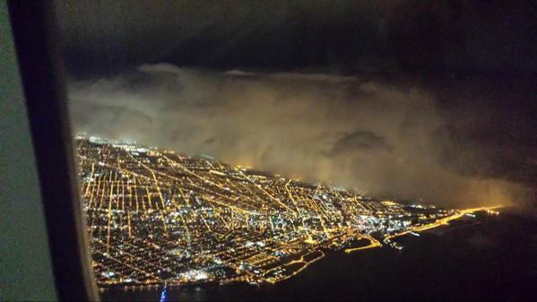 The wall of lake-effect snow moving over Buffalo.