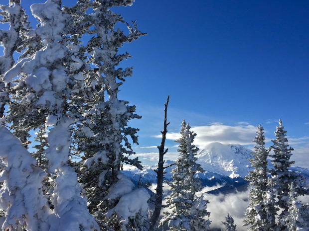 Mt. Rainier was basking in the sun all day long, providing gorgeous views for happy skiers.
