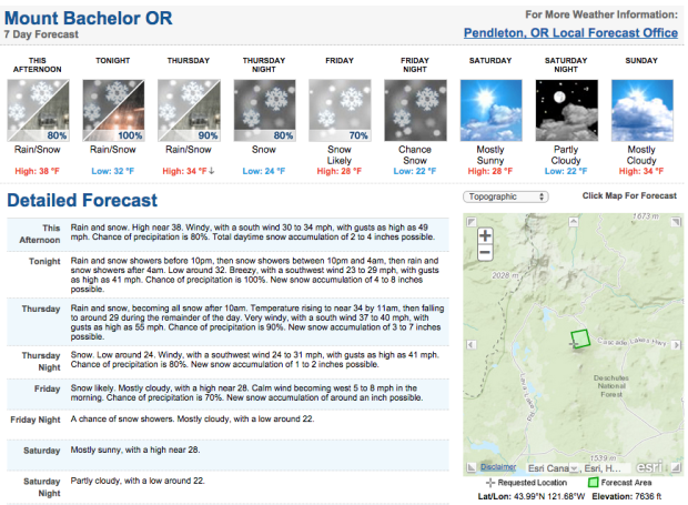 Mt. Bachelor NOAA forecast showing 21" in the next 3 days.