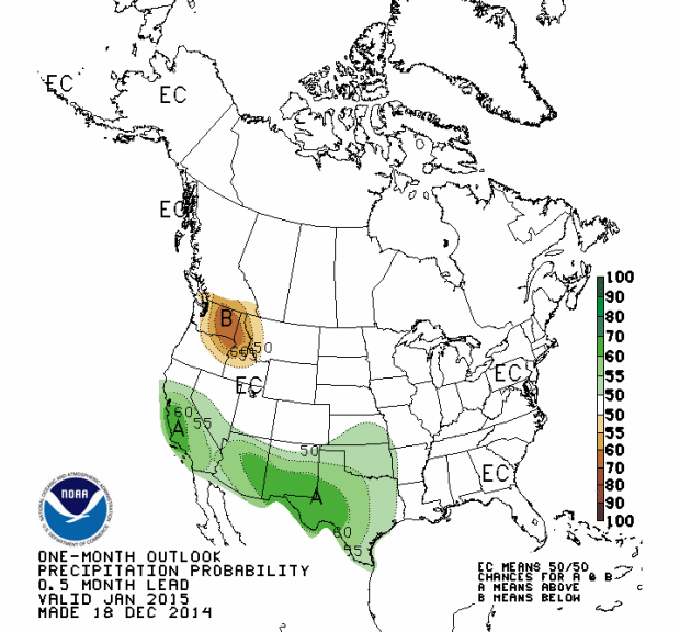 NOAA is forecasting above average precipitation for California and the Southwest of the USA in January.  They're forecasting below average precipitation in the Washington and Idaho in January.