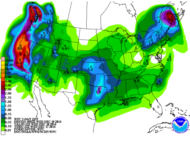 Liquid precipitation forecast for the next 7 days in California looks wild with up to 6.5" of liquid in NorCal