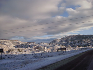 Driving up the Rio Grande Canyon with the landscape showing a fresh winter coat