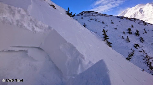 Photo of the crown of the avalanche showing wind slab on top of persistent very weak layers.