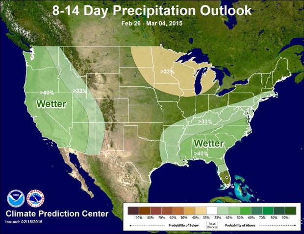 The precipitation outlook for the USA for 8-14 days out from yesterday.  Looking wet in the West!