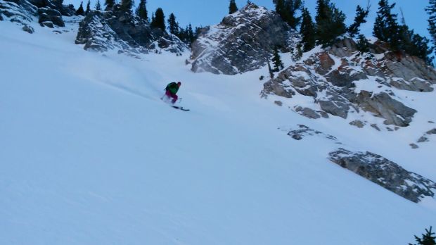 Joey skiing some hero graupel [Skier: Joey Campanelli, Photo: Aaron Rice]