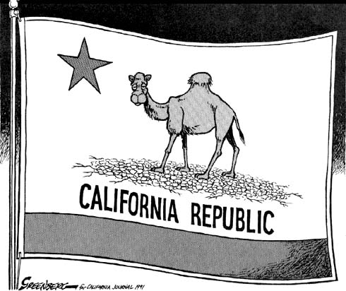 A cartoonist's spoof on California's state flag during the 199 drought.
