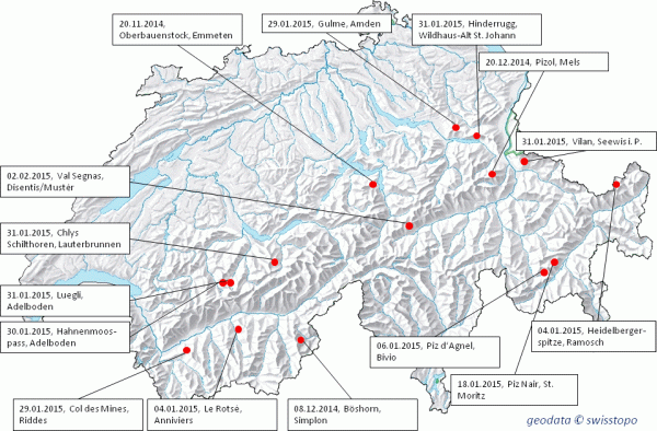 Map of all the locations of the 18 avalanche deaths in Switzerland this winter