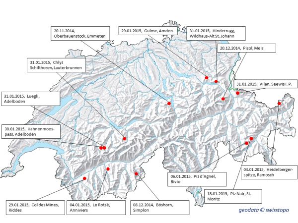 Map showing the location of every avalanche death in Switzerland this winter.