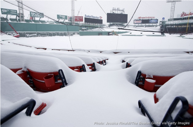 The Right Field seats are covered in snow at Fenway Park on Feb. 9, 2015 (Photo by Jessica Rinaldi/The Boston Globe via Getty Images)