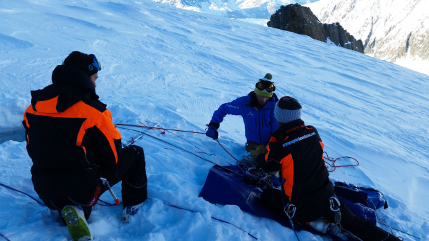 The crevasse rescue rig, powered by a portable hand drill