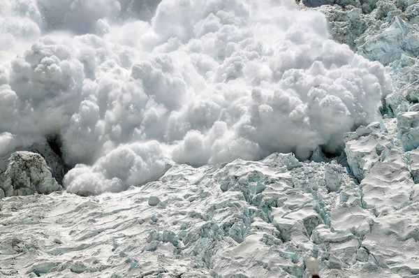 An avalanche coming down the Khumbu Icefall on Everest.