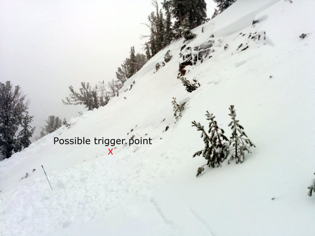  Looking down gully at the slide with a possible trigger point marked.