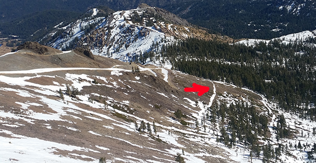 Traversing out of Sun Bowl probably won't go through after today... the red arrow points out the traverse
