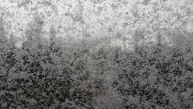 Snow on the window of the Gondola cabin this morning