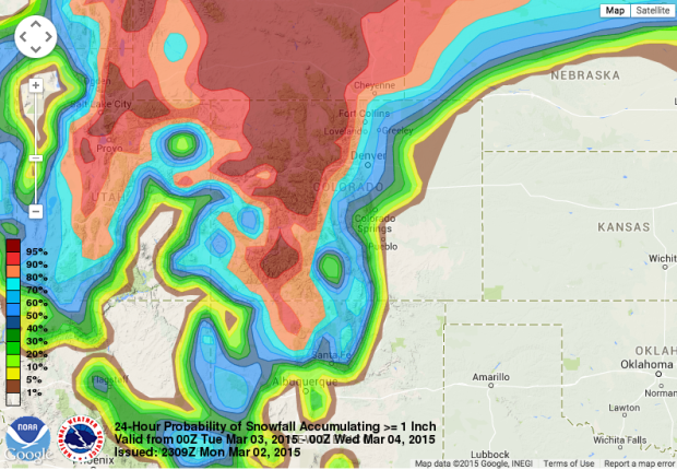 Snowfall probability snowing CO in red.