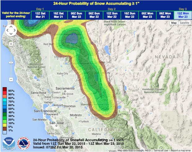 Snowfall probability thru Monday in the Sierra Nevada, CA.