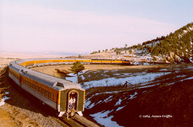 Original Ski Train -- Returning to Denver on a Sunday in April 1984, at Coal Creek Canyon, and led by the three F9's from the erstwhile Rio Grande Zephyr. )http://users.sisna.com/