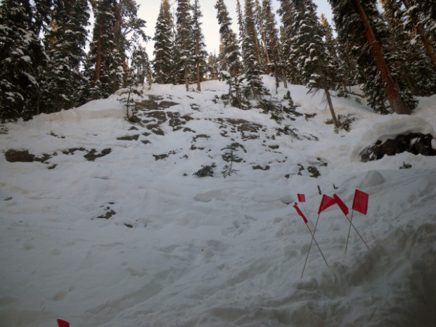 Flags mark the spot where Christopher Norris died in an inbounds avalanche on open terrain at Winter Park Ski Area on January 22, 2012. Photo courtesy CAIC