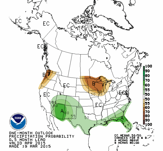 NOAA's outlook for April 2015 showing above average precipitation for Colorado
