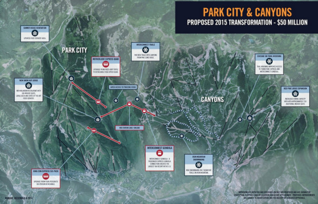 Park City and Canyons to connect in 2015.  The interconnect gondola is in the middle in red as upsidedown V.  No larger images are available for some reason…